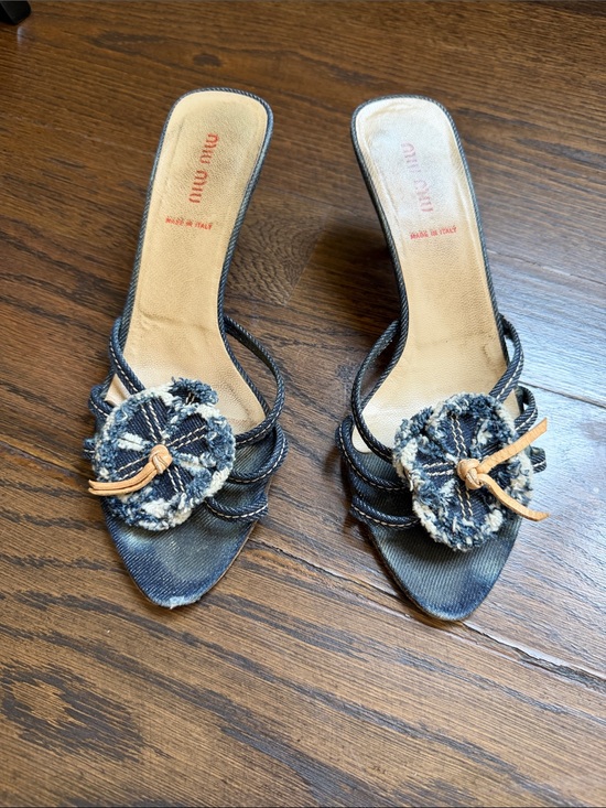 Miu Miu Shoes - MIU MIU Vintage Y2K Blue Denim Slide Mules Floral Accent Kitten Heel Sz 38.5